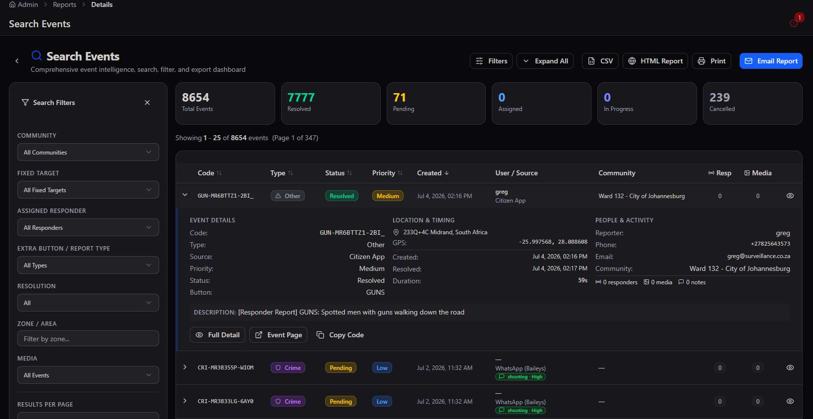 Search Events results table with a row expanded inline showing Event Details, Location and Timing with GPS coordinates, and People and Activity with reporter name, phone, and email