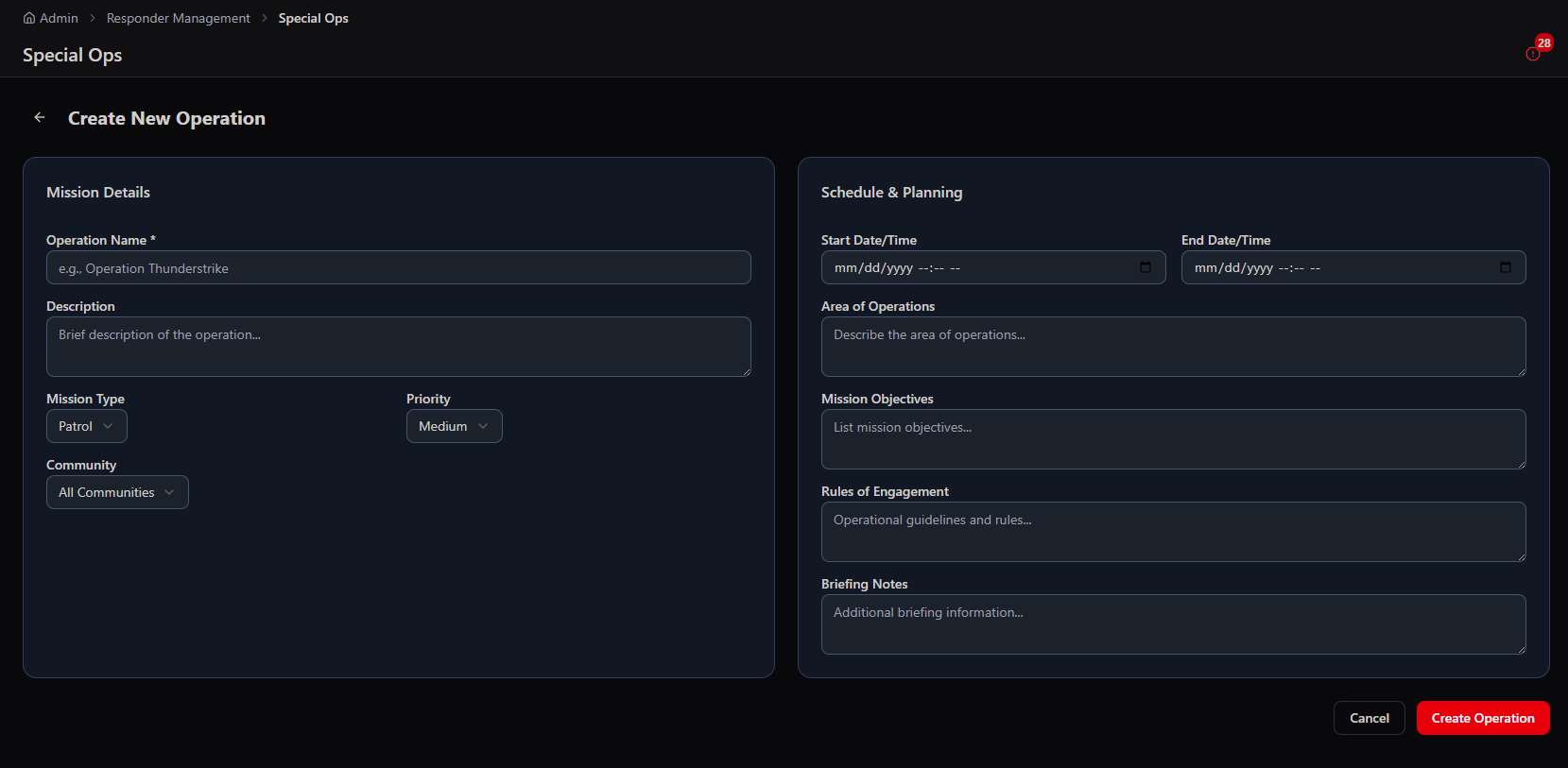 Create New Operation form