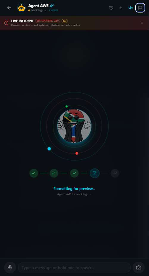 Agent AWE home screen with a Live Incident banner, a glowing avatar showing Ready status and GPS Active, and quick action buttons File a report, Check my missions, Generate incident report, and Who's on duty