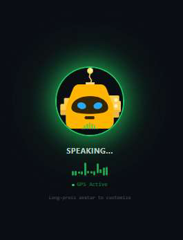 Agent AWE avatar glowing green with a Speaking indicator and an audio waveform, showing GPS Active status