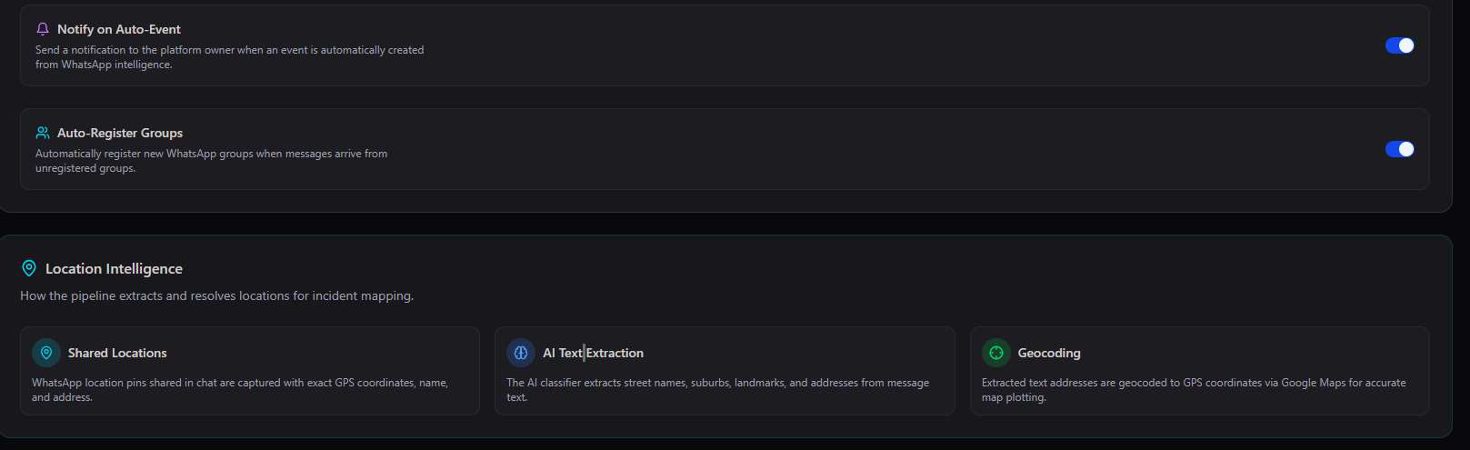 Pipeline tab continued showing Notify on Auto-Event toggle, Auto-Register Groups toggle, and Location Intelligence section explaining Shared Locations, AI Text Extraction, and Geocoding via Google Maps for accurate map plotting