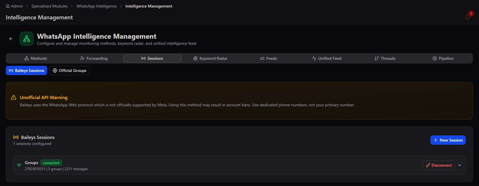 Sessions tab showing an Unofficial API Warning about account bans, Baileys Sessions with 1 sessions configured, and a Groups session showing connected status with 27625010251, 3 groups, and 2221 messages, with a Disconnect button