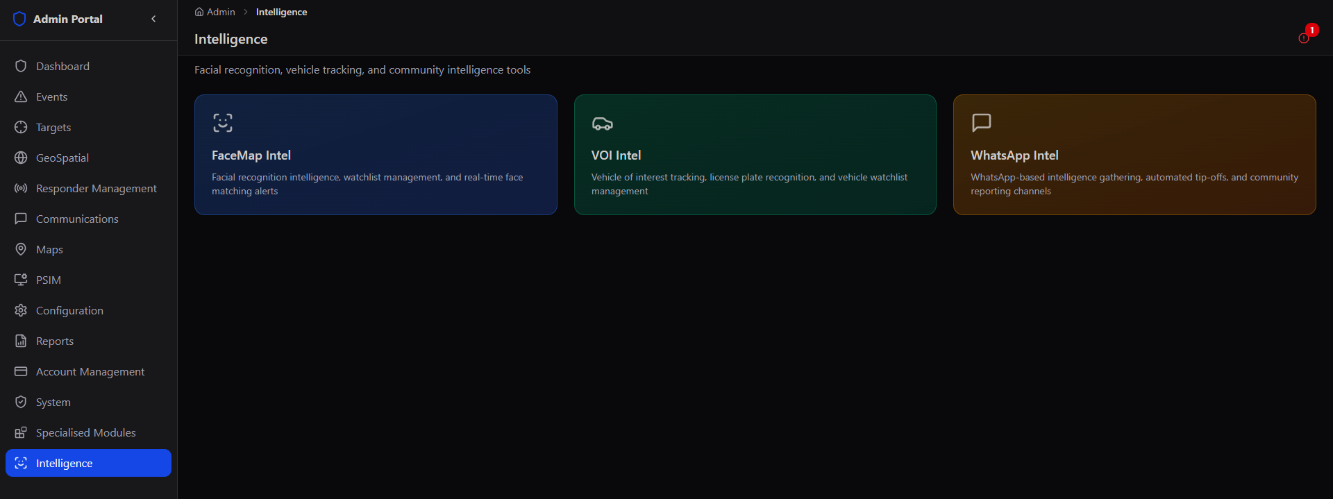 Intelligence sidebar page showing FaceMap Intel, VOI Intel, and WhatsApp Intel as three cards, each describing facial recognition, vehicle tracking, and WhatsApp-based community intelligence gathering respectively