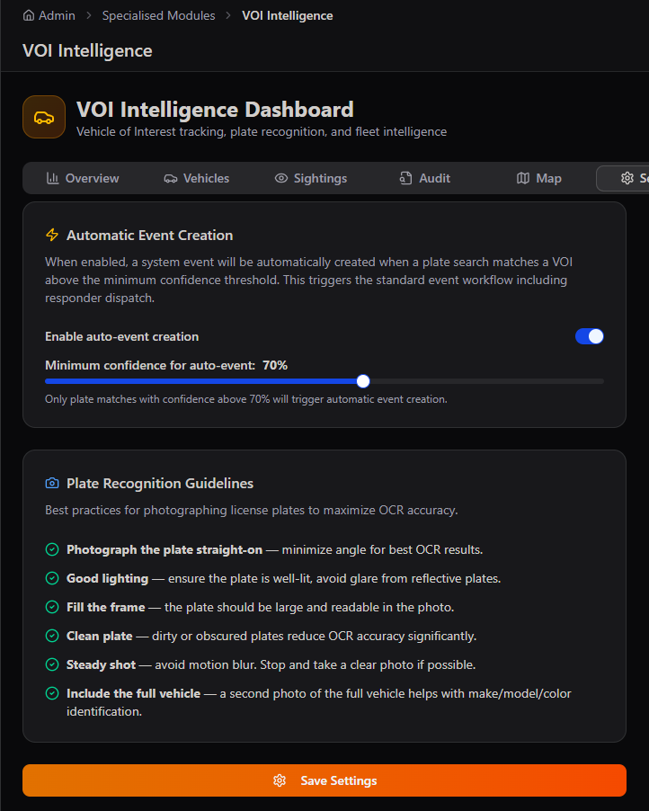 VOI Intelligence Dashboard Settings tab showing Automatic Event Creation enabled with Minimum confidence for auto-event set to 70 percent, and Plate Recognition Guidelines listing photograph the plate straight-on, good lighting, fill the frame, clean plate, steady shot, and include the full vehicle, with a Save Settings button