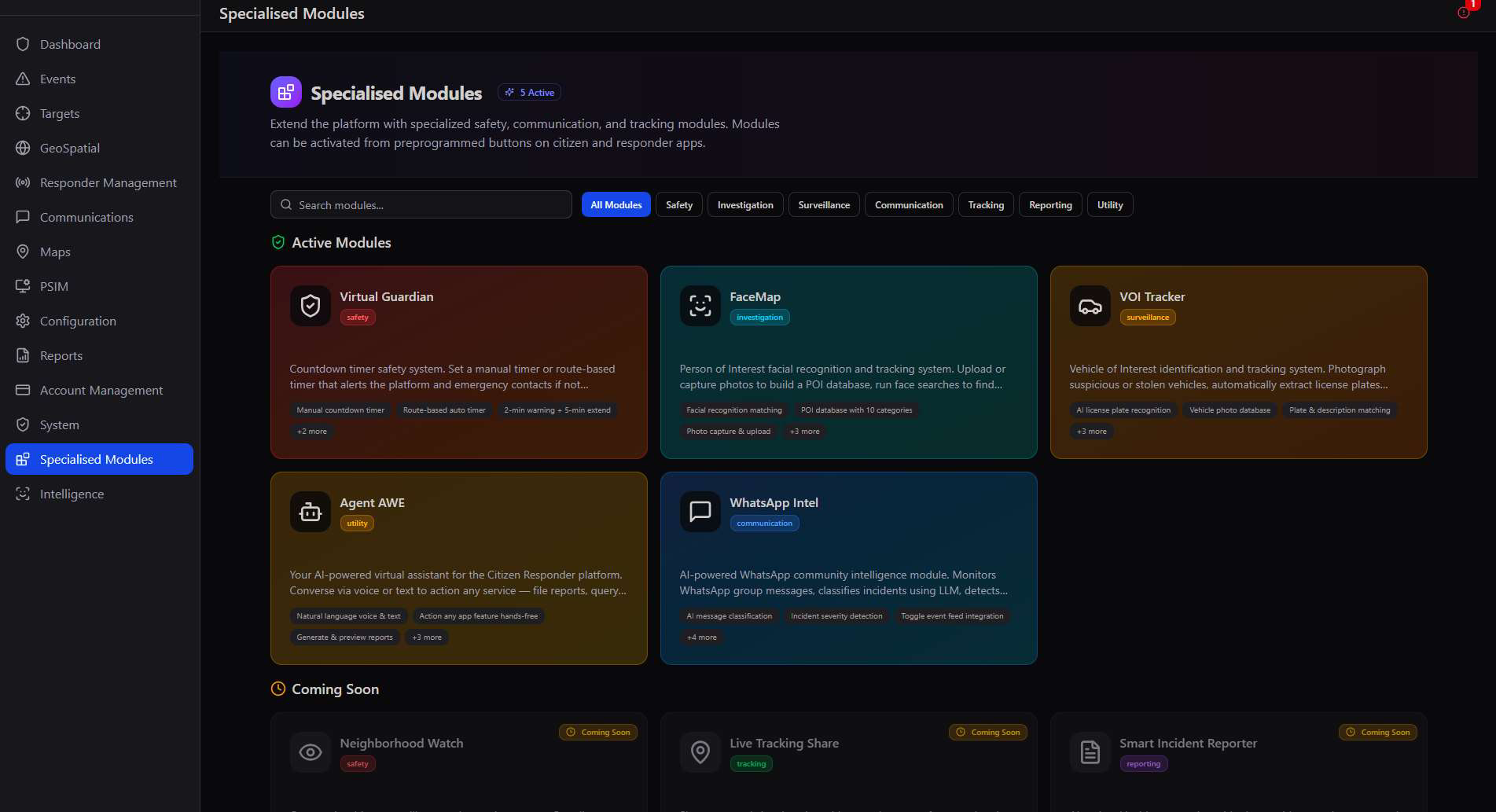 Specialised Modules landing page showing 5 Active badge, category filters for Safety, Investigation, Surveillance, Communication, Tracking, Reporting, Utility, and Active Modules cards for Virtual Guardian, FaceMap, VOI Tracker, Agent AWE, and WhatsApp Intel, plus Coming Soon cards for Neighborhood Watch, Live Tracking Share, and Smart Incident Reporter