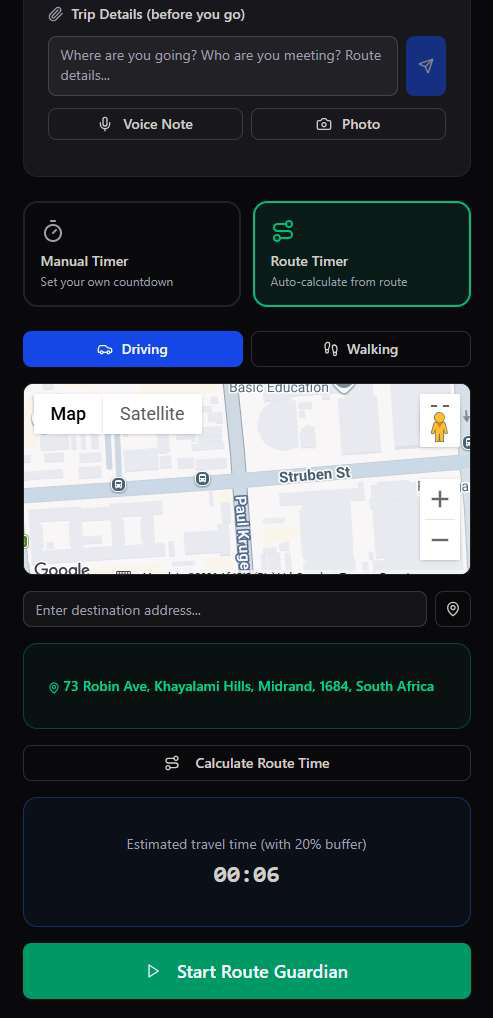 Virtual Guardian Route Timer selected with Driving and Walking mode toggle, an embedded map, a destination address field showing 73 Robin Ave Khayalami Hills Midrand, a Calculate Route Time button, and an estimated travel time countdown of 00:06 with a 20 percent buffer, plus a Start Route Guardian button