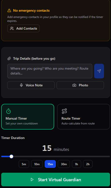 Virtual Guardian screen with a No emergency contacts warning, Trip Details field for where you're going and who you're meeting, Voice Note and Photo buttons, Manual Timer selected, a Timer Duration slider set to 15 minutes with quick options 5m to 2h, and a Start Virtual Guardian button