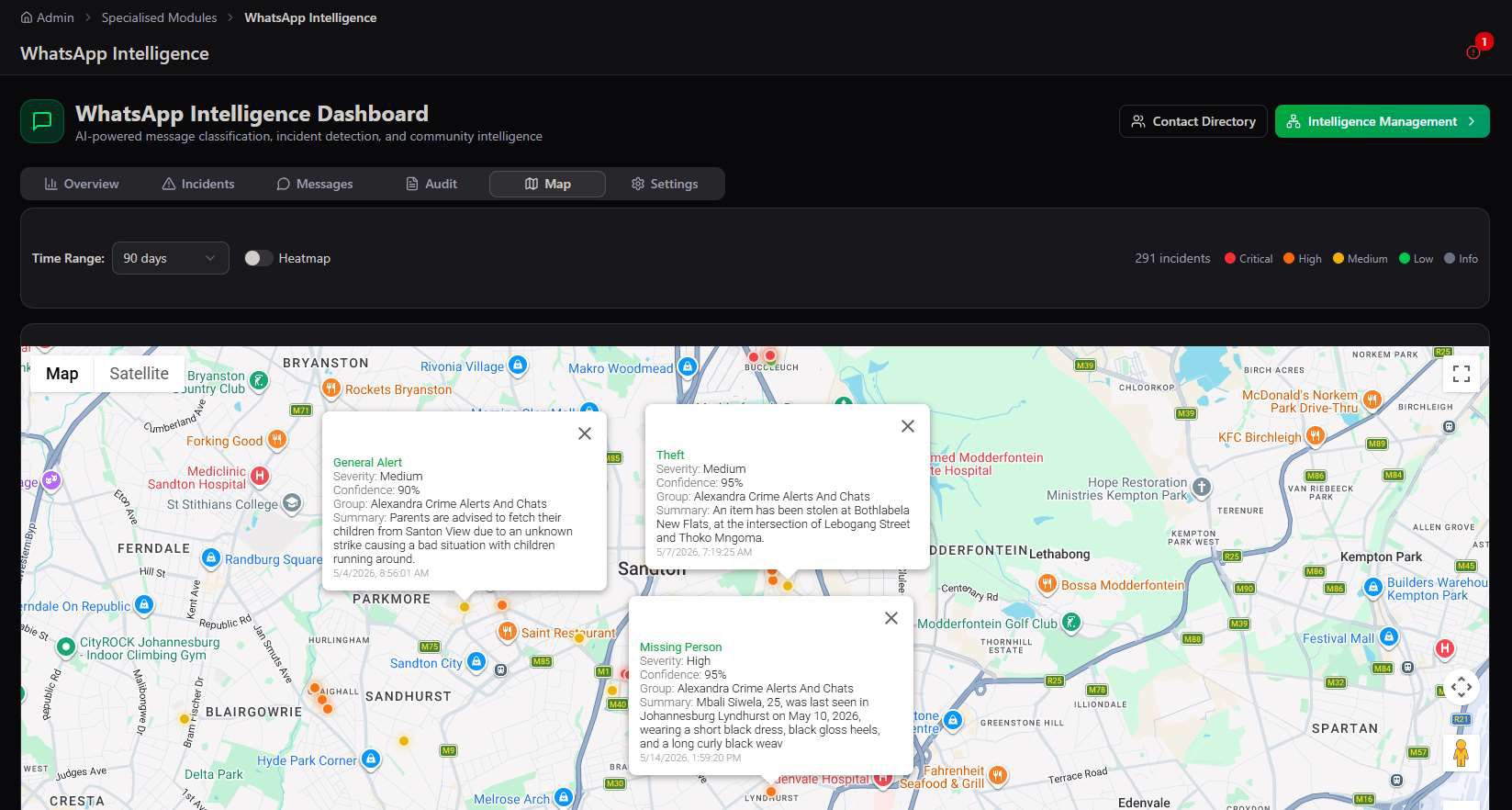 Map tab with a 90 day time range, Heatmap toggle, 291 incidents color-coded by severity, and pinned incidents on a map including a General Alert, a Theft report, and a Missing Person case with full summary details in popups