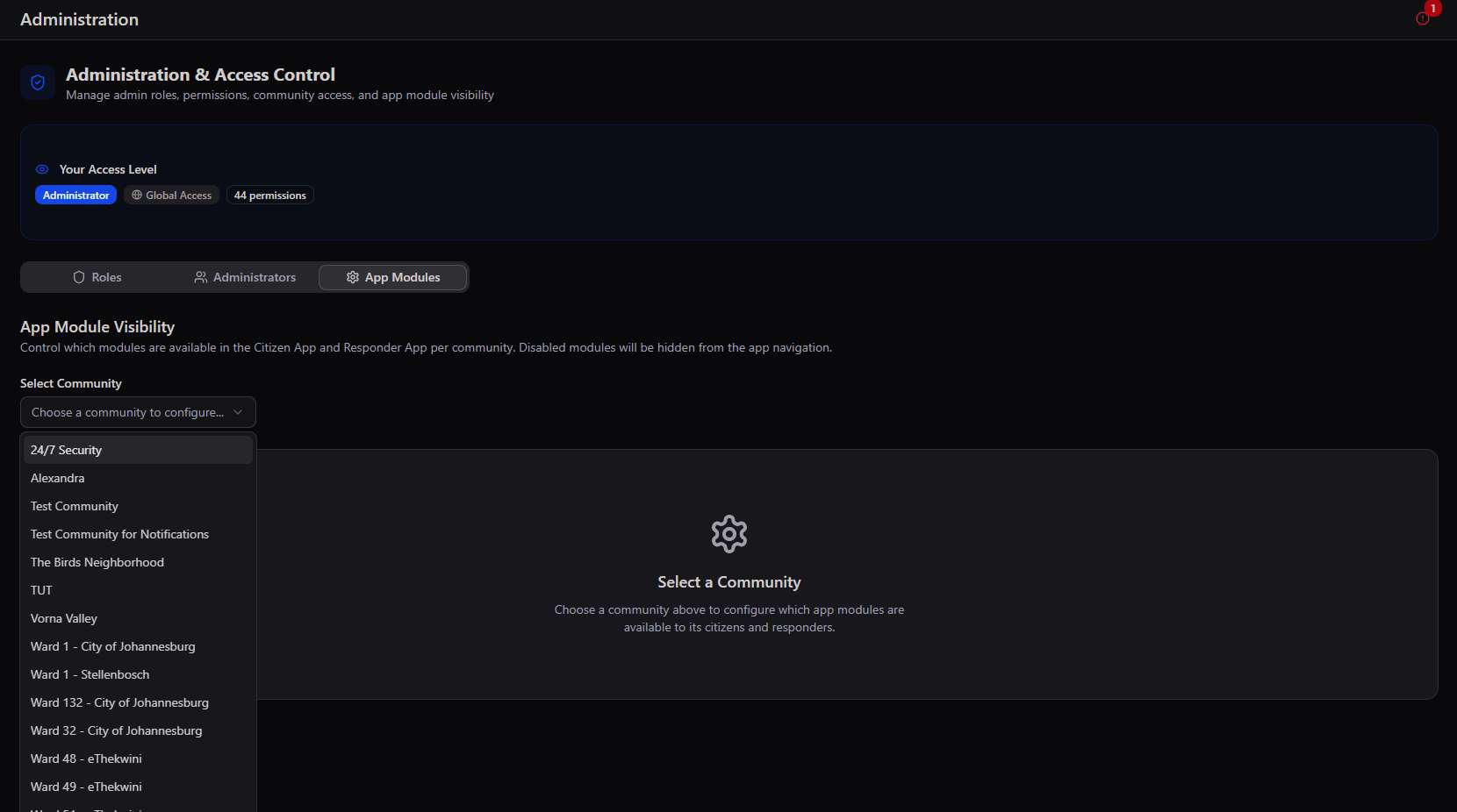 App Module Visibility screen with a Select Community dropdown open showing 24/7 Security, Alexandra, Test Community, and many wards, and a placeholder state prompting to choose a community to configure
