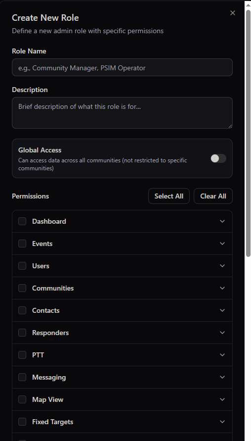 Create New Role modal with Role Name and Description fields, a Global Access toggle, Select All and Clear All buttons, and expandable permission categories including Dashboard, Events, Users, Communities, Contacts, Responders, PTT, Messaging, Map View, and Fixed Targets
