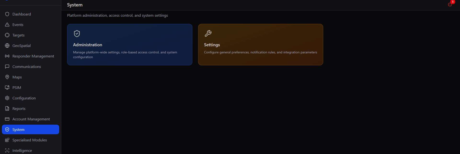 System landing page with two cards: Administration for managing platform-wide settings, role-based access control, and system configuration; and Settings for general preferences, notification rules, and integration parameters