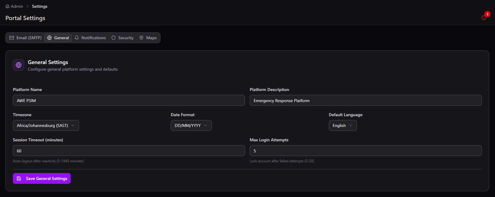 General Settings tab showing Platform Name AWE PSIM, Platform Description Emergency Response Platform, Timezone Africa/Johannesburg SAST, Date Format DD/MM/YYYY, Default Language English, Session Timeout 60 minutes, and Max Login Attempts 5