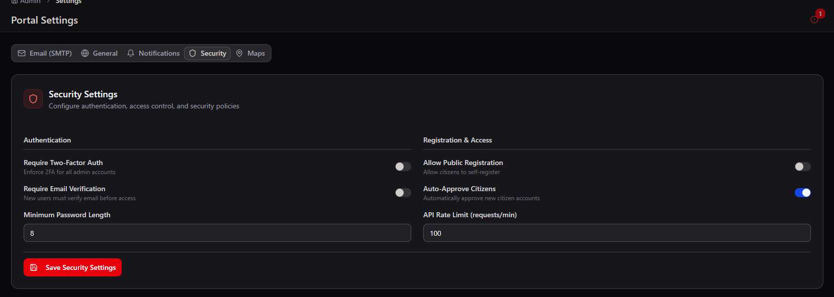 Security Settings tab showing Authentication toggles for Require Two-Factor Auth and Require Email Verification, Minimum Password Length 8, Registration and Access toggles for Allow Public Registration off and Auto-Approve Citizens on, and API Rate Limit 100 requests per minute