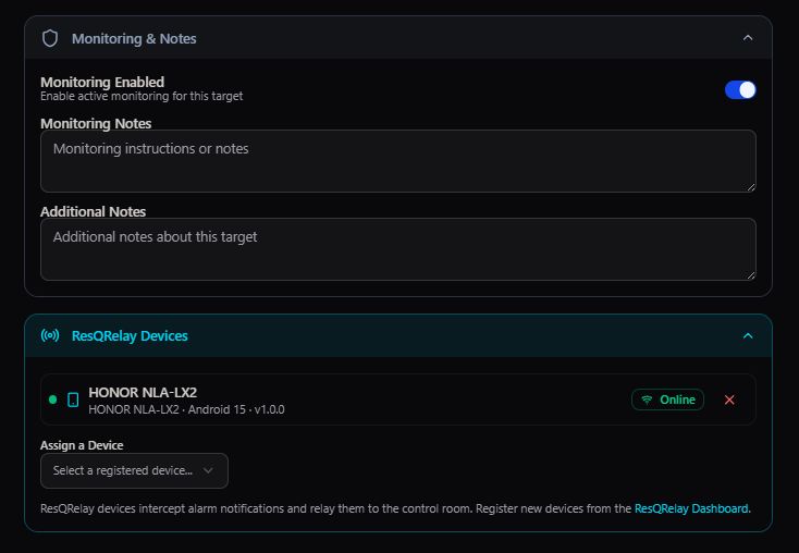 Monitoring and Notes and ResQRelay Devices panels