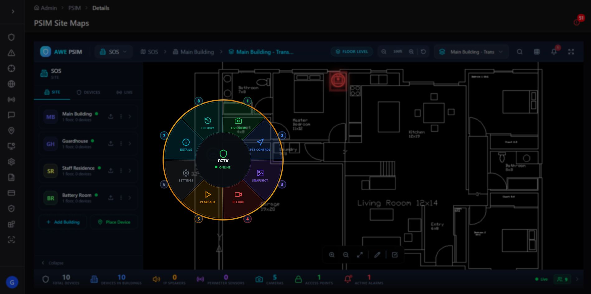 Radial device quick-action menu on floor plan