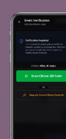Event Verification screen prompting a QR scan