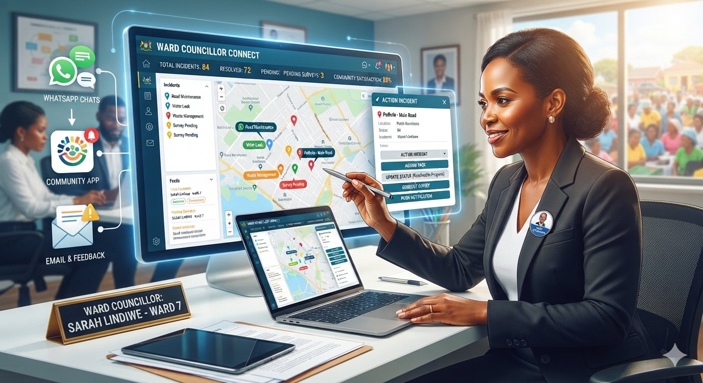 A ward councillor reviewing WhatsApp reports, community app updates and email feedback on one connected screen
