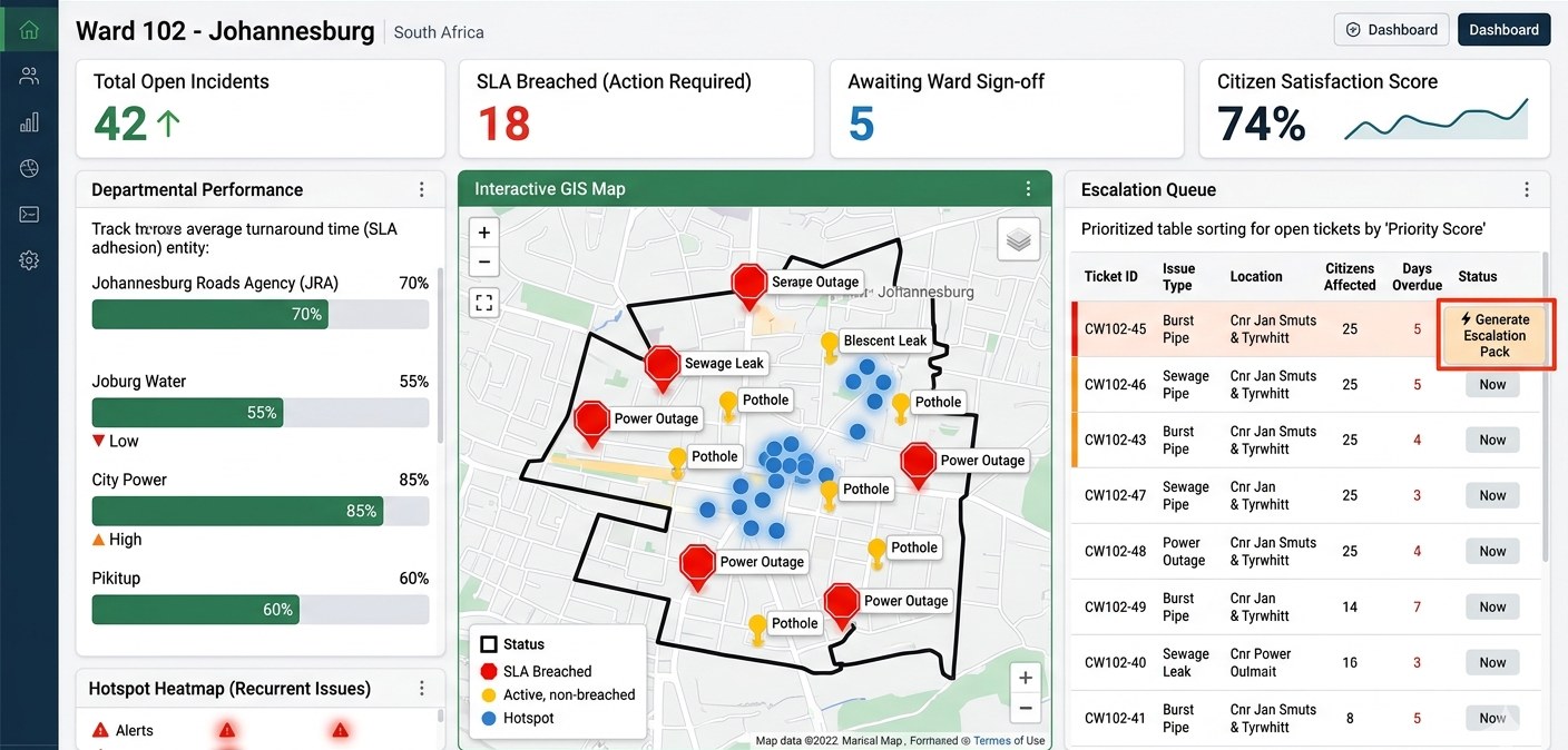Dashboard screen showing open incidents, SLA breaches, an interactive GIS map of ward incidents, and a prioritised escalation queue