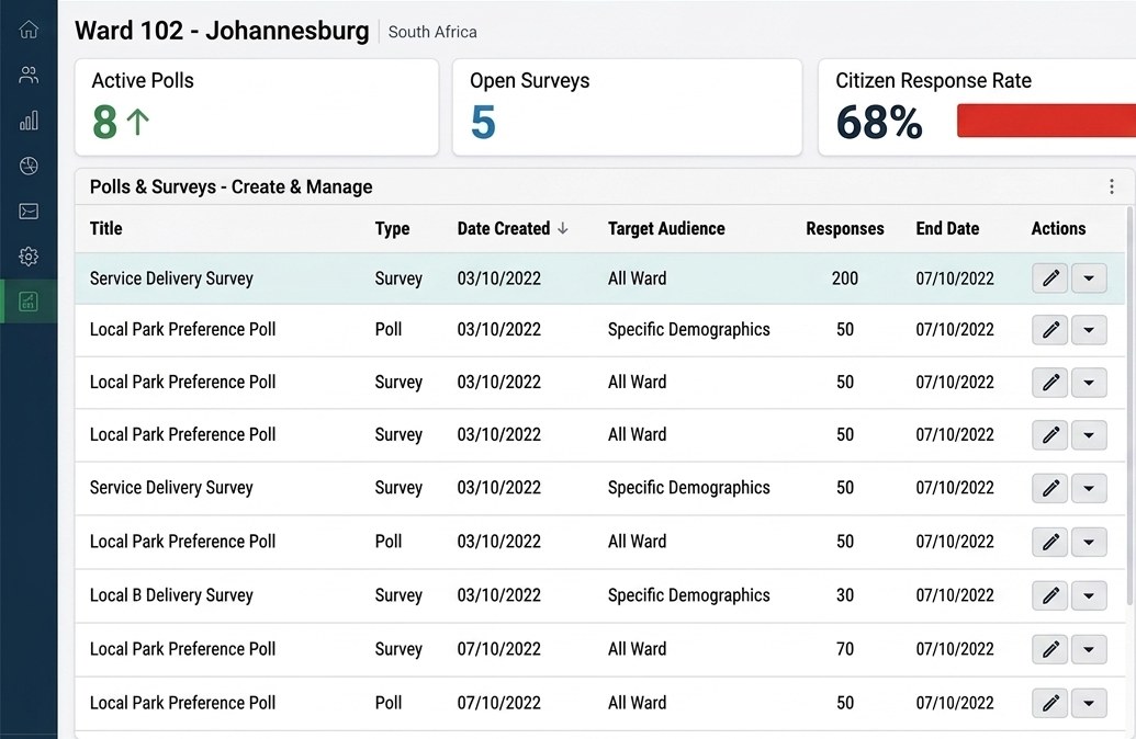 Dashboard screen showing active polls, open surveys, citizen response rate and a list of ward surveys with response counts