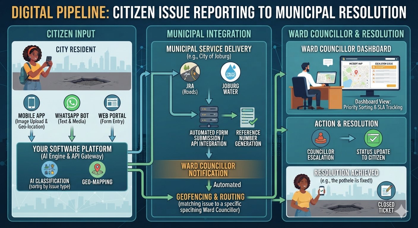 Diagram showing the digital pipeline from citizen issue reporting via mobile app, WhatsApp bot or web portal, through AI classification and municipal integration with Joburg Roads Agency and Joburg Water, to ward councillor notification, escalation and final resolution